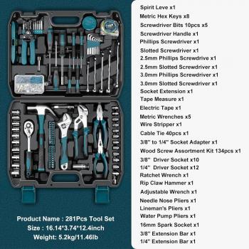 Sundpey Home Tool Kit 281-PCs - Protable Complete Basic Repair General Hand Tool Sets for Men Women - Full Tool Set with Socket Wrench Set & Screwdriver Set & Metric Hex Key & Pliers & Tool Box Case