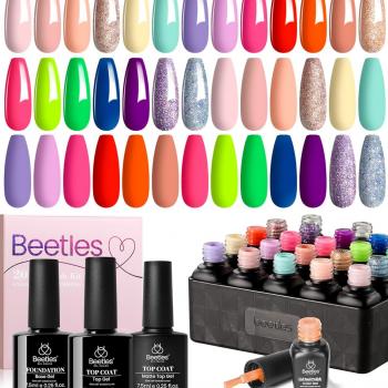 Beetles 23Pcs Gel Nail Polish Set Pastel Bright Colors 2024 Summer Gel Polish Kit Red Hot Pink Glitter Gel Nail Polish with Base Gel Top Coat Soak Off Uv Led Nail Gel Gifts for Women