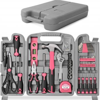 Hi-Spec 54pc Tool Set General Household Toolkit with Toolbox Storage Case, Pink Ladies Basic House DIY Tool Kit Set for Women Home Garage Office College Dormitory Use