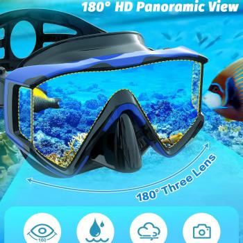 Greatever Snorkel Set Pano 3 Window Snorkel Mask Adult, Panoramic Wide View, Anti-Fog Scuba Diving Mask, Anti-Leak Snorkel Goggles Dry Top Snorkel, Professional Snorkeling Gear for Adults