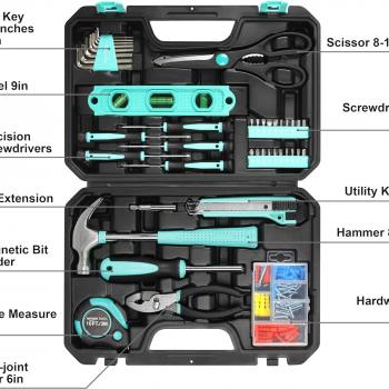 Amazon Basics Household Tool Kit With Storage Case, 142 Piece, Turquoise, 13.39 x 9.25 x 2.95 inch