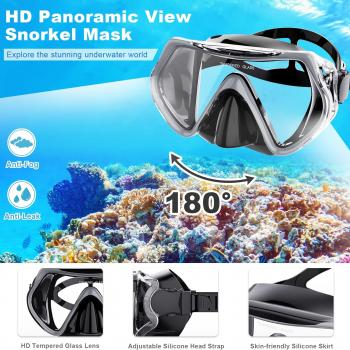 Mask Fin Snorkel Set, Snorkeling Gear for Adults with Panoramic View Mask, Dry Top Snorkel, Adjustable Swim Fins and Travel Bag, Man Woman Snorkel Gear for Swimming Snorkeling Diving