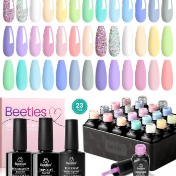 Beetles 23Pcs Gel Nail Polish Kit, Spring Summer Pastel Paradise Macaron Colors Bright Pink Popular Nail Art Solid Sparkle Glitters Gel Polish Set with Base Gel Glossy & Matte Top Coat Gifts for Women