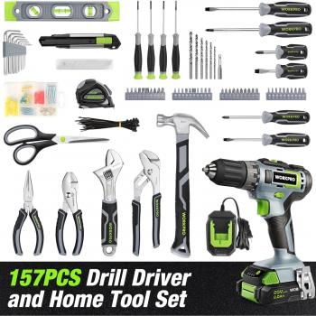 WORKPRO Home Tool Set with Power Drill, 157PCS Power Drill Sets with 20V Cordless Lithium-ion Drill Driver, Home Tool Kit for All Purpose, Cordless Drill Set Combo Kit With Tool Bag