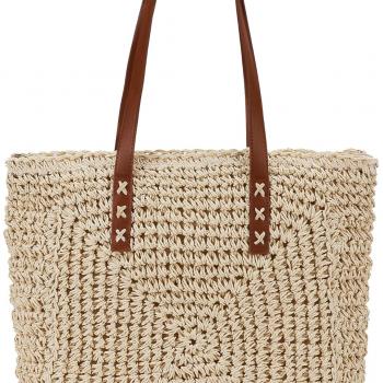 Straw Beach Bag Leather Tote Bag for Women Beach Purse Shoulder Woven Crochet Bag Purses for Women 2024 Clutch Purses Beach