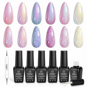 Beetles Pearl Gel Nail Polish, 6 Colors Shimmer Pearl White Pink Purple Mermaid Nail Drawing Summer Gel Polish Soak Off Uv Led Gel Polish Swirl Shell Thread Effect DIY Manicure Gift for Girls Women