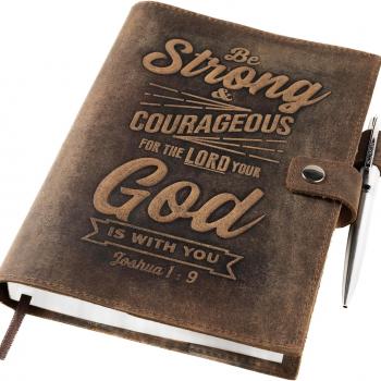 moonster Refillable Leather Journal Lined Notebook – Journals for Men w/Joshua 1v9 Embossed Bible Verse – Leather Notebook with Pen Holder - Includes 320 Pages Milled A5 Ruled Paper & Luxury Pen