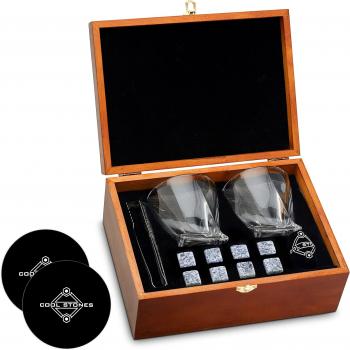 Whiskey Glass Gift Set - 2 Whiskey Glasses and Whiskey Stones with Tongs in Velvet Bag All Presented in an Elegant Wooden Box for Men (Classic-Wood-White-Rocks)