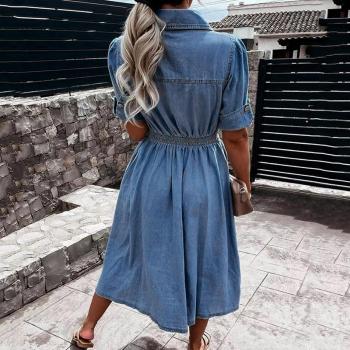 Womens Summer Jean Dresses Collared Roll-Up Short Sleeve Maxi Dress Button Down Casual Denim Shirt Dress with Pockets