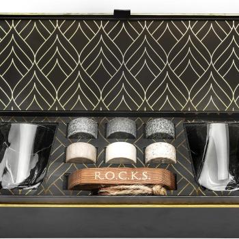 Whiskey Chilling Stones Gift Set - 6 Handcrafted Premium Granite Round Sipping Rocks - 2 Crystal Superior Glasses - Hardwood Presentation & Storage Tray - Elegant Gold Foil Gift Box by R.O.C.K.S.