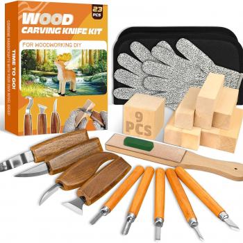 Wood Carving Kit, 23pcs Wood Carving Tool with 4PCS Wood Carving Knives & 5PCS Detail Knives 9 Basswood Blocks & Gloves & Roll Bag & Strop Block & Polishing Compound Whittling Kit Hobbies for Adults