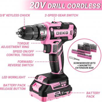 Pink Drill Tool Kit Set: 20V Cordless Power Drill Tool Box with Battery Electric Drill Driver for Men Home Hand Repair Basic Toolbox Tools Sets Drills Case