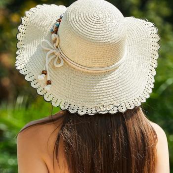 Verdusa Women's Scalloped Wide Brim Straw Sun Hats Boho Beaded Beach Hat