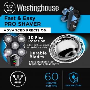 Westinghouse Head Shaver for Bald Men Electric Rechargeable Skull Shavers for Men Cordless Rotary Bald Head Shavers for Men with 5 Powerful Rotating Heads