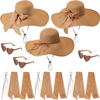 15 Pcs Beach Hat for Women Summer Wide Brim Sun Hat Straw Floppy UV Protection 50+ Hats Vintage Heart Glasses Set with Bows