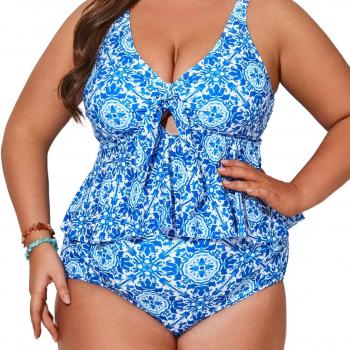 Hanna Nikole Women Plus Size 2 Piece V Neck Tie Tankini Swimsuit with Tummy Control Bikini Bottoms Bathing Suits