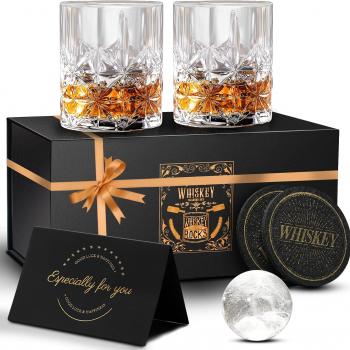 Whiskey Glasses Set of 2, 11 OZ Old Fashioned Glasses with 2 Ice Ball Molds, Bourbon Glasses, Premium Scotch Glasses, Rocks Glasses, Cocktail, Rum Glasses, Whiskey Glasses for Men