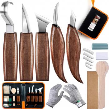 Whittling knife, Wood Carving Tools 5 in 1 Knife Set - Includes Sloyd Knife, Chip Carving knife, Hook Knife, Oblique Knife, Trimming knife Sharpener for Spoon Bowl Cup Kuksa for Kids & Beginners