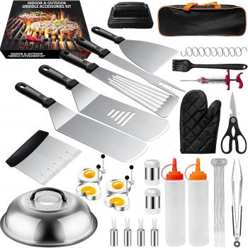 Flat Top Grill Accessories Set for Blackstone Griddle Accessories Kit, 45Pack Heavy Duty Stainless Steel Grilling Set with Enlarged Spatulas, Basting Cover, Scraper for Outdoor BBQ (Grill Set-A)