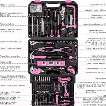 Pink Tool Kit Box Drill Set：DEKOPRO Home Mechanic Toolbox with 12V Power Cordless Drill Hand Repair Tools Sets Combo Kits Storage Organizer Drawer Case for Women