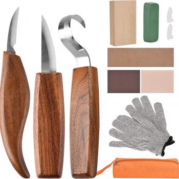 Wood Carving Tools, 13 in 1 Wood Carving Kit with Carving Hook Knife, Wood Whittling Knife, Chip Carving Knife, Gloves, Carving Knife Sharpener for Spoon, Bowl, Kuksa Cup, Beginners Woodworking