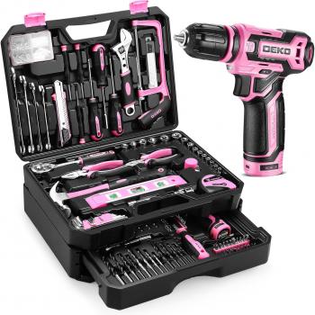 Pink Tool Kit Box Drill Set：DEKOPRO Home Mechanic Toolbox with 12V Power Cordless Drill Hand Repair Tools Sets Combo Kits Storage Organizer Drawer Case for Women