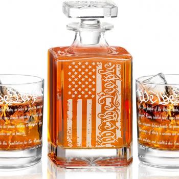 Whiskey Decanter Engraved We The People American Flag Decanter Set with 2 Glasses for Liquor Scotch Bourbon or Wine, Father's Day Patriotic Gift