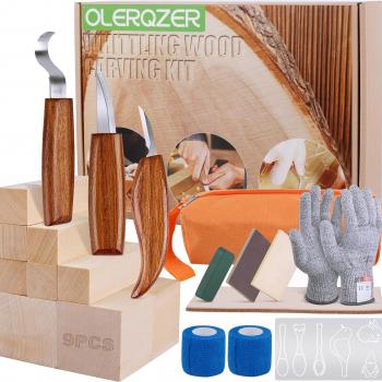 Olerqzer Whittling Wood Carving Kit,22PCS Wood Carving Tools Hand Carving Knife Set for Beginners Adults and Teens,3PCS Whittling Knife 9PCS Blocks & Gloves for Widdling Kit(Upgraded)