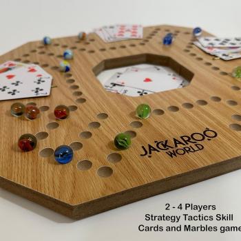 Jackaroo Board Game - Strategy, Competitive, Fun 2-4 Player Marbles and Card Game for Family, Friends, Kids & Adults - Classic Original Game - Wooden Board Foldable and Open in The Middle (Oak)