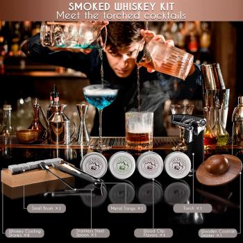 Bourbon, Whiskey Smoker Kit - Cocktail Smoking Kit with Butane Torch, Smoke Top, Whiskey Stones - Apple, Cherry, Oak, Walnut Wood Chips - Premium Wooden Box. No Butane