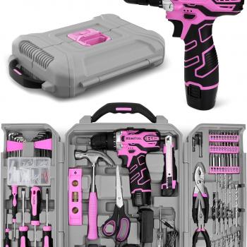 KingTool Home Tool Kit Set - 219 Pieces Pink Tool Kit with 12V Max Power Cordless Drill, Tool Kit for Women, Household Tool Set Kit with Power Drill for Home Office Garden Repair