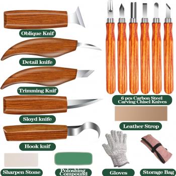 Wood Carving Kit 16PCS Wood Carving Tools Hand Carving Knife Set with Anti-Slip Cut-Resistant Gloves, Whittling Knife - Wood Carving Kit with Tools DIY and Carving Knifes for Adults, Beginners, Kids.