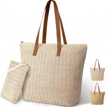 Straw Tote Bag, Large Woven Beach Bag - Summer Beach Hobo Handbag Leather Handle for Women Travel Vacation Shopping