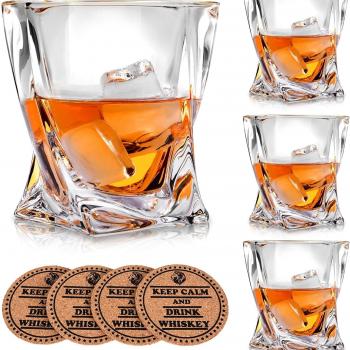 Crystal Whiskey Glasses - Set of 4 - with 4 Drink Coasters, Crystal Scotch Glass, Malt or Bourbon, Glassware Set