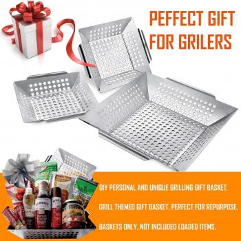 3 Pack Grill Baskets for Outdoor Grill, Heavy Duty Stainless Steel Vegetable Grill Basket, Grilling Basket for Veggies, Grilling Accessories for All Grills & Smokers - Grilling Gifts for Men