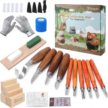 Wood Carving Kit 4pcs Whittling Knife and 5pcs K2 Carbon Steel Wood Carving Knife,Wood Carving Tools Set with 8pcs Basswood Wood Blocks for Adults Kids Beginners Woodworking Whittling Kit Gifts