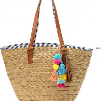 Epsion Straw Beach Bags Tote Tassels Bag Hobo Summer Handwoven Shoulder Bags Purse With Pom Poms