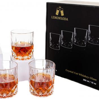 LEMONSODA Crystal Cut Old Fashioned Whiskey Glasses - Set of 4-10oz Ultra-Clear Premium Lead-Free Crystal Glass Tumbler For Drinking Bourbon, Scotch, Cocktails