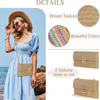 Straw Clutch Purses Women Summer Beach Handbags Boho Woven Envelope Wallet Fold Over Chain Crossbody Shoulder Bag Evening Bag