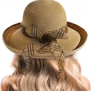 Beach Sun Hats for Women - Wide Brim Straw Womens Summer Hat with Wind Lanyard Roll Up, Foldable Beach Hat UV Protection