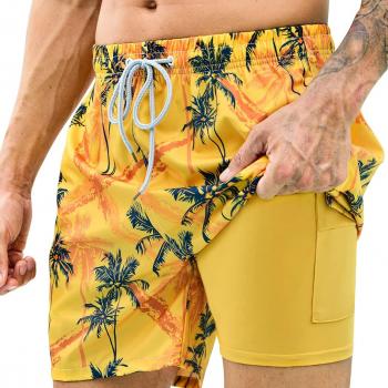 Mens Swim Trunks with Compression Liner 7 inch Inseam 2 Pack Quick Dry Stretch Beach Shorts Bathing Suits Swimwear