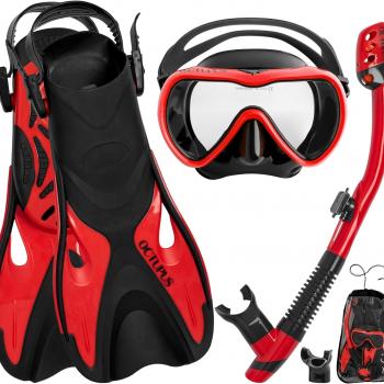 Snorkeling Equipment Set: Complete Snorkel Gear for Adults (S/M), RED - Includes Mask, Fins, Snorkel, Mesh Bag - Travel Sized Snorkel Set Package