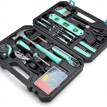 Amazon Basics Household Tool Kit With Storage Case, 142 Piece, Turquoise, 13.39 x 9.25 x 2.95 inch