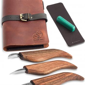 BeaverCraft Wood Carving Kit Deluxe Whittling Knives Set & Leather Strop for Carving Knife S15X Wood Carving Knives Set, Tools & Knife Strop with Polishing Compound Wood Whittling Kit and Leather Case