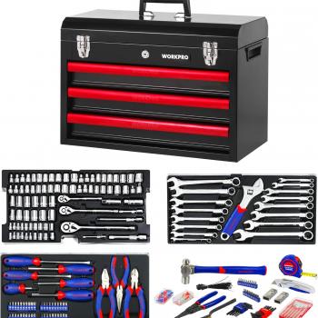 WORKPRO 408-Piece Mechanics Tool Set, General Household Home Repair Tool Kit with 3-Drawer Heavy Duty Metal Box, Hand Tool Kit Set 1 Pack