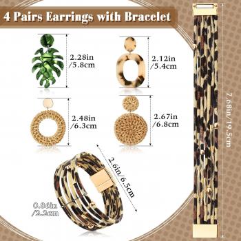 Hicarer Beach Purse Earrings Set Straw Bag Vacation Purse with 4 Rattan Boho Tropical Earrings Leopard Bracelet