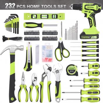 FASTPRO 232-Piece 20V Cordless Lithium-ion Drill Driver and Home Tool Set, Household Repairing Tool Kit with Drill, 12-Inch Wide Mouth Open Storage Tool Bag, Green