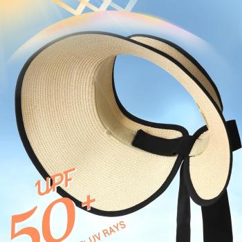 Camptrace UPF 50+ Sun Visors for Women Wide Brim Beach Hat Foldable Straw Visor Hat Ponytail Summer Packable