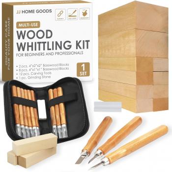 JJ CARE Wood Carving Kit [12 SK2 Wood Carving Knives with Case, 10 Basswood Carving Blocks, and 1 Grinding Stone] - Beginner Wood Carving Kit, Wood Carving Tools Set, Wood Carving Set for Kids