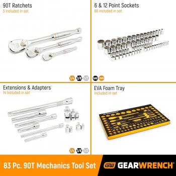 GEARWRENCH 83 Pc. 1/4, 3/8", 1/2" 90-Tooth SAE/Metric Mechanics Tool Set with EVA Foam Tray - 86529